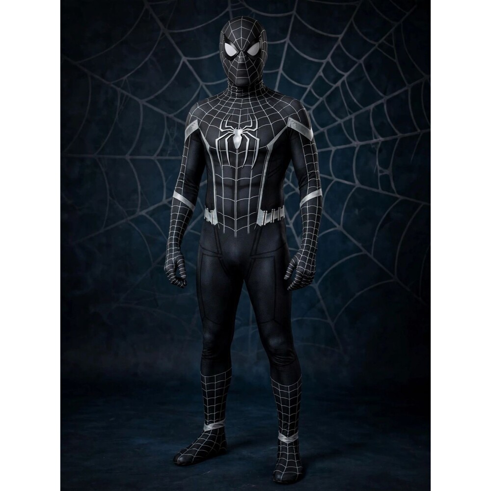 Black Spider-Man Costume Bodysuit White Webbing Mask Halloween Cosplay Adult M-L